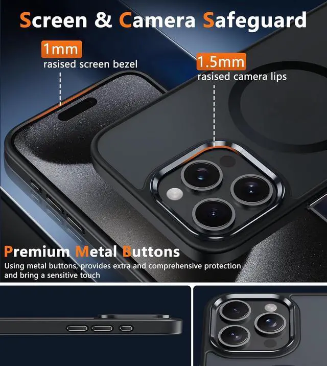 Alt view image 6 of 7 - for iPhone 15 Pro-Max Case: Strong Magnetic Phone Case with Screen Protector | Camera Protector Translucent Matte Slim Shockproof Military-Grade Drop Protection Phone Cover (Black)