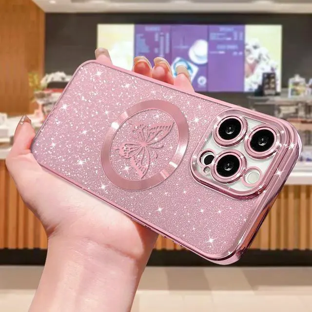 Alt view image 3 of 6 - for iPhone 15 Pro Max Case Magnetic,for Women Girl Soft Cute Luxury Butterfly Pattern Plating Glitter Bling Phone Case Compatible with MagSafe Clear Shockproof Back Cover 6.7"-Pink