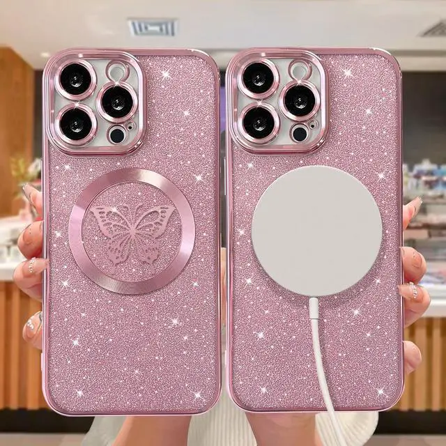 Alt view image 4 of 6 - for iPhone 15 Pro Max Case Magnetic,for Women Girl Soft Cute Luxury Butterfly Pattern Plating Glitter Bling Phone Case Compatible with MagSafe Clear Shockproof Back Cover 6.7"-Pink