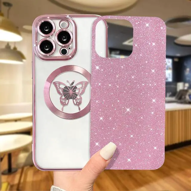 Alt view image 5 of 6 - for iPhone 15 Pro Max Case Magnetic,for Women Girl Soft Cute Luxury Butterfly Pattern Plating Glitter Bling Phone Case Compatible with MagSafe Clear Shockproof Back Cover 6.7"-Pink
