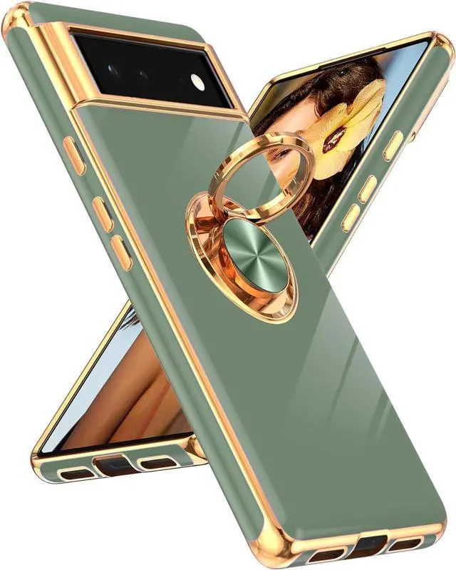 Main image of LeYi for Google Pixel 6 Phone Case: 360° Rotatable Ring Holder Magnetic Kickstand, Plating Rose Gold Edge Protective Google Pixel 6 Case, L-Green