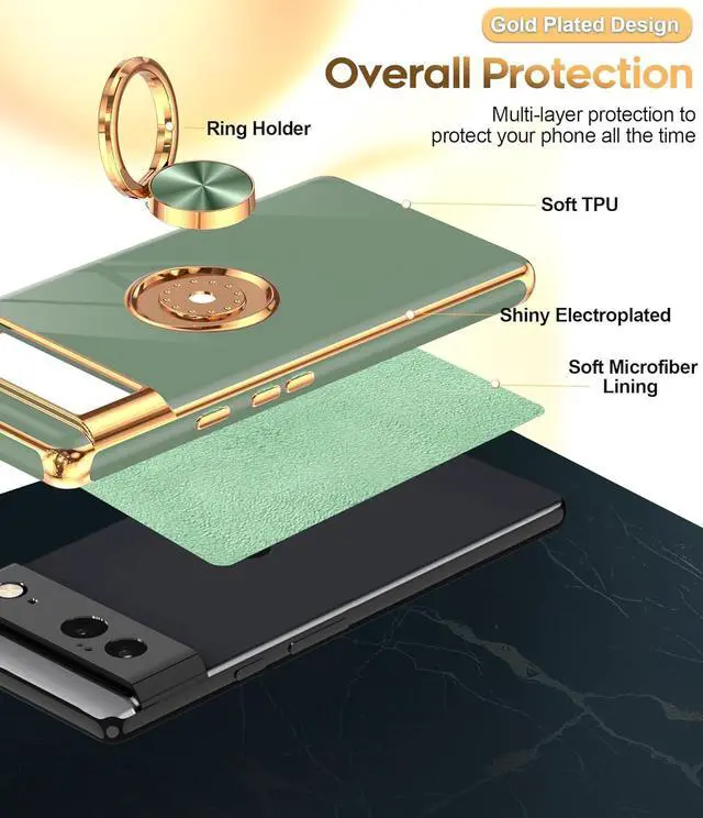Alt view image 2 of 7 - LeYi for Google Pixel 6 Phone Case: 360° Rotatable Ring Holder Magnetic Kickstand, Plating Rose Gold Edge Protective Google Pixel 6 Case, L-Green