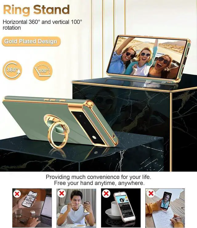 Alt view image 3 of 7 - LeYi for Google Pixel 6 Phone Case: 360° Rotatable Ring Holder Magnetic Kickstand, Plating Rose Gold Edge Protective Google Pixel 6 Case, L-Green