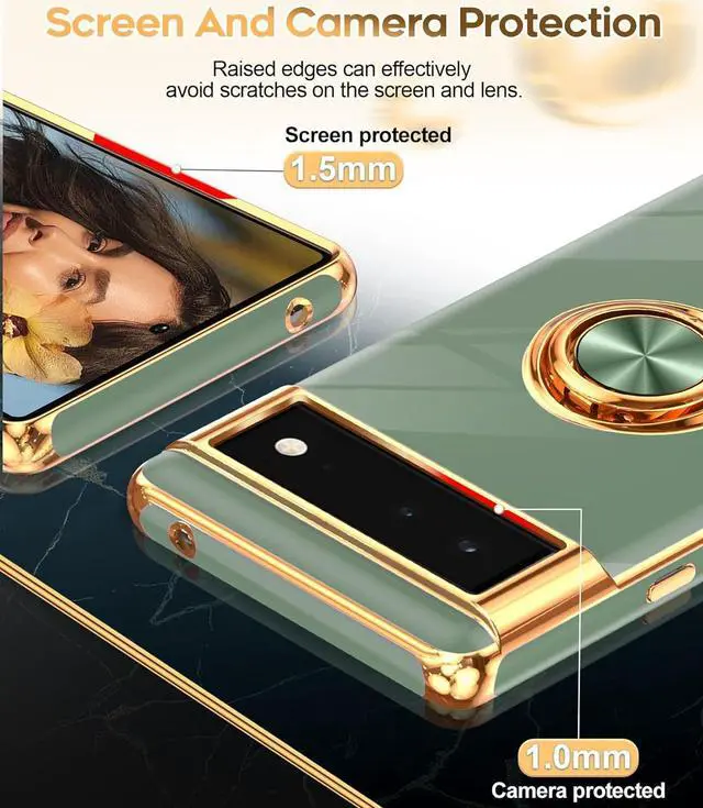 Alt view image 4 of 7 - LeYi for Google Pixel 6 Phone Case: 360° Rotatable Ring Holder Magnetic Kickstand, Plating Rose Gold Edge Protective Google Pixel 6 Case, L-Green