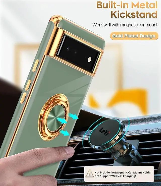 Alt view image 5 of 7 - LeYi for Google Pixel 6 Phone Case: 360° Rotatable Ring Holder Magnetic Kickstand, Plating Rose Gold Edge Protective Google Pixel 6 Case, L-Green