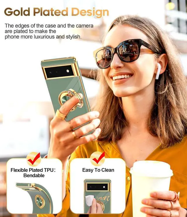 Alt view image 6 of 7 - LeYi for Google Pixel 6 Phone Case: 360° Rotatable Ring Holder Magnetic Kickstand, Plating Rose Gold Edge Protective Google Pixel 6 Case, L-Green