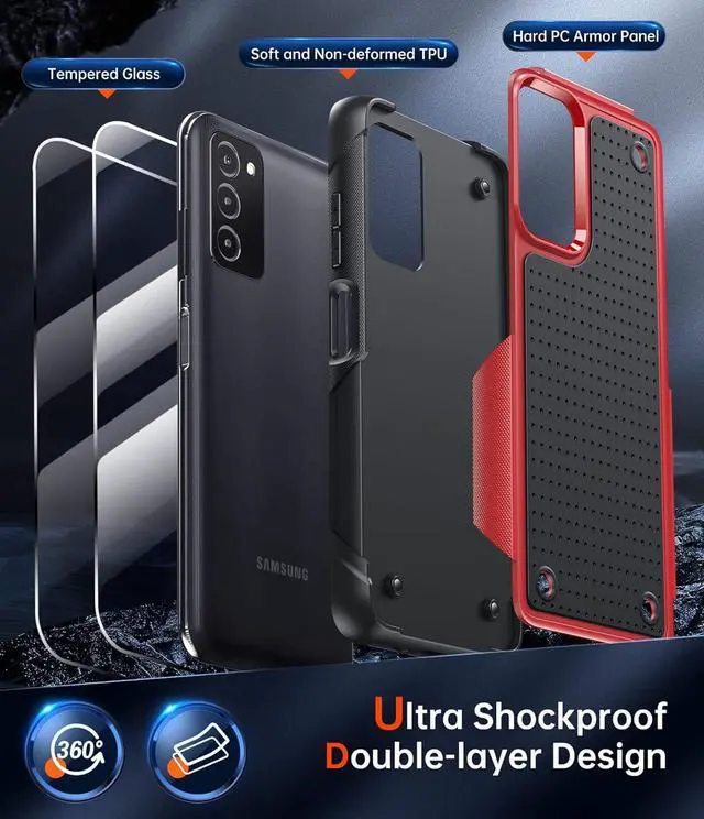 Alt view image 2 of 7 - LeYi for Galaxy A03S Phone Case, Samsung AO3S Phone Case with [2 Pack] Screen Protectors, Shockproof Heavy Duty Dual Layer Protective Hard PC Textured Back & Soft Bumper Case for Samsung A03S, Red