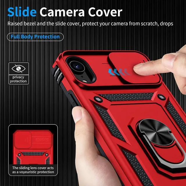 Alt view image 3 of 7 - for iPhone XR Case, iPhone XR Phone Case with 2X HD Screen Protector + Slide Camera Cover,[Military Grade] 16ft. Drop Tested Protective Case with Magnetic Ring Kickstand, Red