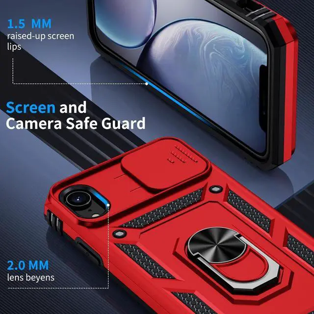 Alt view image 5 of 7 - for iPhone XR Case, iPhone XR Phone Case with 2X HD Screen Protector + Slide Camera Cover,[Military Grade] 16ft. Drop Tested Protective Case with Magnetic Ring Kickstand, Red