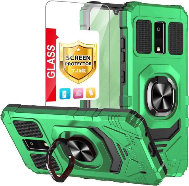 Main image of TJS Compatible for BLU View 4 (B135DL) Case, with Tempered Glass Screen Protector, Metal Ring Magnetic Support Kickstand Heavy Duty Drop Protection Cover Phone Case (Green)