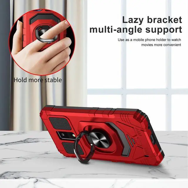 Alt view image 5 of 7 - TJS Compatible for BLU View 4 (B135DL) Case, with Tempered Glass Screen Protector, Metal Ring Magnetic Support Kickstand Heavy Duty Drop Protection Cover Phone Case (Red)