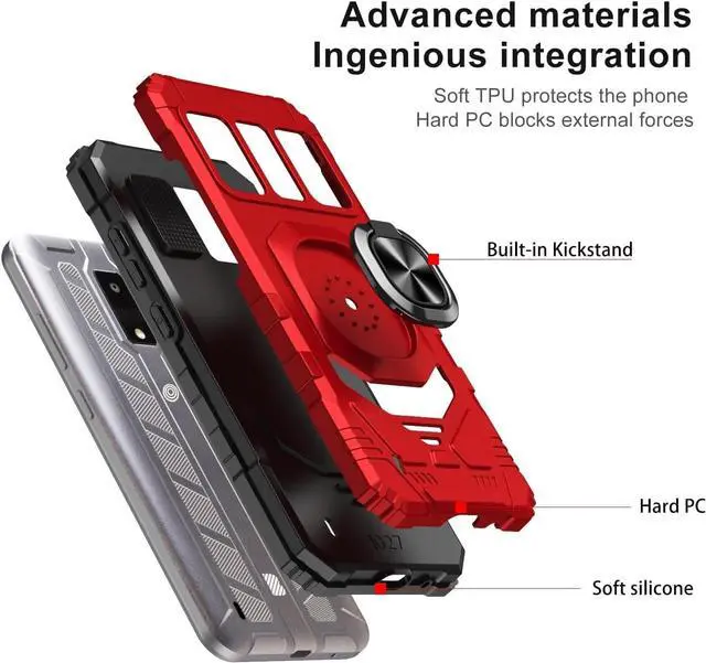 Alt view image 6 of 7 - TJS Compatible for BLU View 4 (B135DL) Case, with Tempered Glass Screen Protector, Metal Ring Magnetic Support Kickstand Heavy Duty Drop Protection Cover Phone Case (Red)