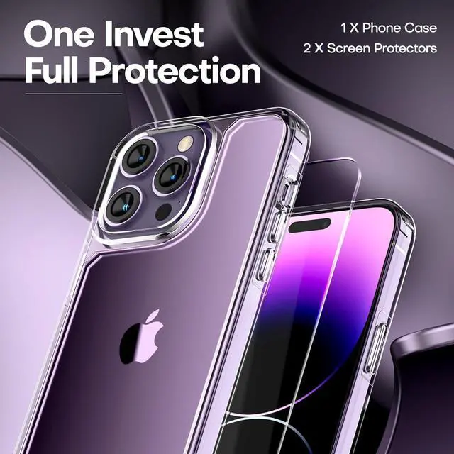 Alt view image 3 of 6 - TAURI 3 in 1 for iPhone 14 Pro Max Case Clear, [Not Yellowing] with 2X Screen Protectors, [Military Grade Drop Protection] Shockproof Case for 14 Pro Max 6.7 Inch