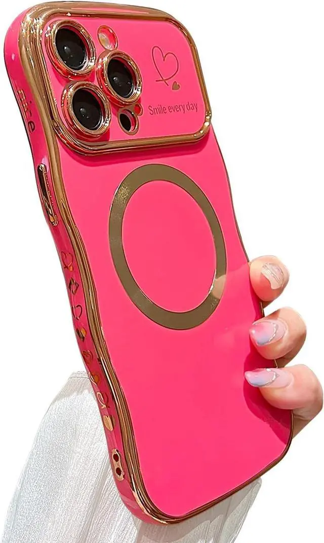 Main image of for iPhone 14 Pro Max Case Magnetic,for Women Girls Soft Cute Wave Frame Curly Shape Love Heart Luxury Plating Phone Case Compatible with MagSafe Shockproof Back Cover 6.7"-Hot Pink