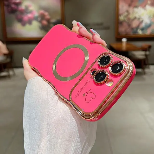 Alt view image 5 of 6 - for iPhone 14 Pro Max Case Magnetic,for Women Girls Soft Cute Wave Frame Curly Shape Love Heart Luxury Plating Phone Case Compatible with MagSafe Shockproof Back Cover 6.7"-Hot Pink