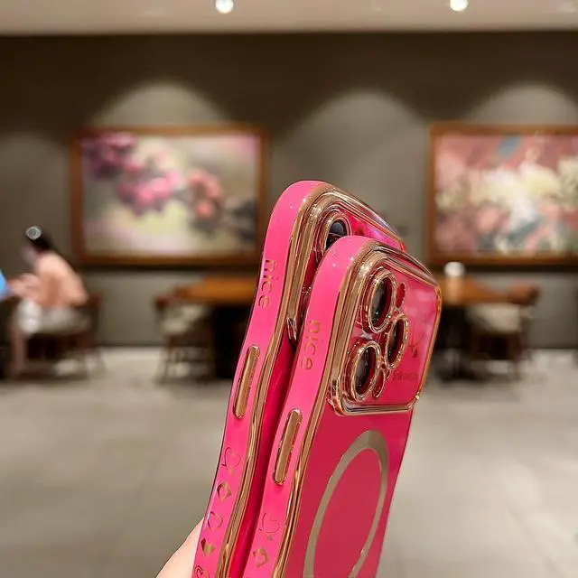 Alt view image 6 of 6 - for iPhone 14 Pro Max Case Magnetic,for Women Girls Soft Cute Wave Frame Curly Shape Love Heart Luxury Plating Phone Case Compatible with MagSafe Shockproof Back Cover 6.7"-Hot Pink