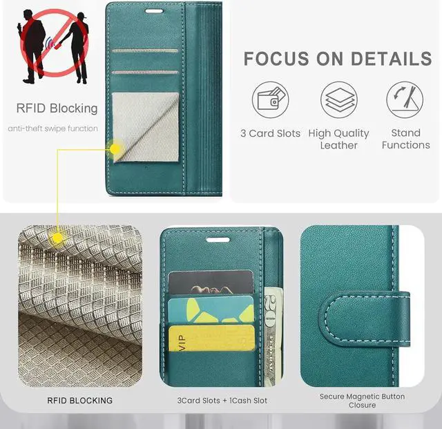 Alt view image 3 of 6 - for Samsung Galaxy S23 FE Wallet Case with RFID Blocking Credit Card Holder, PU Leather Folio Flip Kickstand Protective Shockproof Cover Women Men for Samsung S23 FE Phone case(Blue-Green)