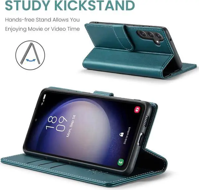 Alt view image 4 of 6 - for Samsung Galaxy S23 FE Wallet Case with RFID Blocking Credit Card Holder, PU Leather Folio Flip Kickstand Protective Shockproof Cover Women Men for Samsung S23 FE Phone case(Blue-Green)