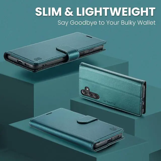 Alt view image 6 of 6 - for Samsung Galaxy S23 FE Wallet Case with RFID Blocking Credit Card Holder, PU Leather Folio Flip Kickstand Protective Shockproof Cover Women Men for Samsung S23 FE Phone case(Blue-Green)