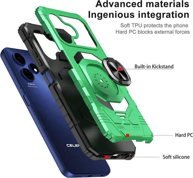 Alt view image 4 of 7 - TJS Compatible for Boost Mobile Celero 5G + Plus 2024 (3rd Version) Case, with Tempered Glass Screen Protector, Metal Ring Kickstand Heavy Duty Celero3 5G + Phone Case (Green)