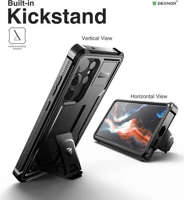 Alt view image 4 of 7 - Dexnor for Samsung Galaxy S23 Ultra Case, Double Front Frame & Stand, Shock Absorber Technology Drop Protection, Robust Mobile Phone Case, Shockproof Protective Case - Black