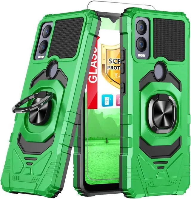 Main image of TJS Compatible for Cricket Magic 5G Case, AT&T Propel 5G Case, with Tempered Glass Screen Protector, Metal Ring Magnetic Support Kickstand Heavy Duty Drop Protection Cover Phone Case (Green)