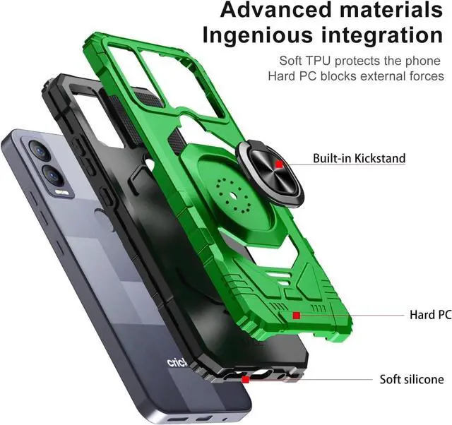 Alt view image 4 of 7 - TJS Compatible for Cricket Magic 5G Case, AT&T Propel 5G Case, with Tempered Glass Screen Protector, Metal Ring Magnetic Support Kickstand Heavy Duty Drop Protection Cover Phone Case (Green)