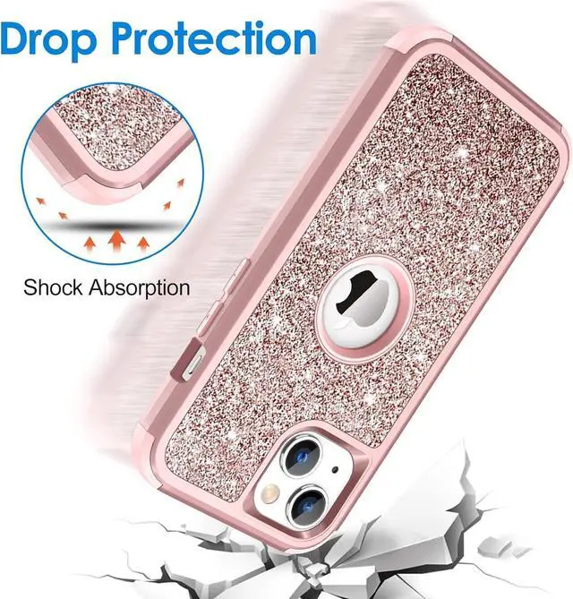 Alt view image 2 of 7 - Case for iPhone 13 Case Glitter, Cute Sparkly Shiny Bling Sparkle Cover, Heavy Duty 3 in 1 Hybrid Hard PC Soft TPU Bumper Full Body Shockproof Protective Phone Cases for Women Girls, Rose Gold