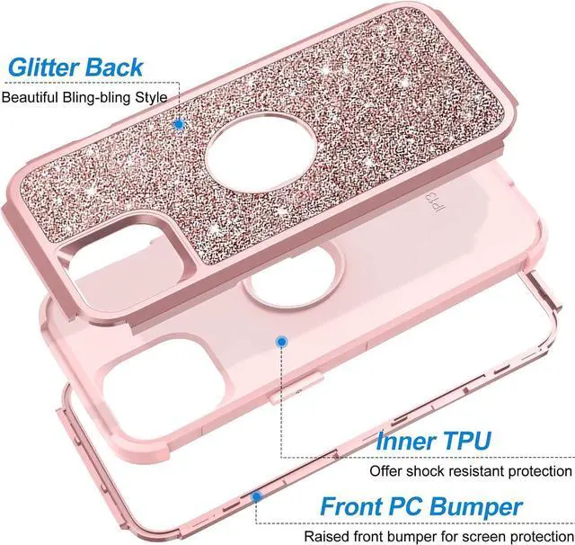 Alt view image 4 of 7 - Case for iPhone 13 Case Glitter, Cute Sparkly Shiny Bling Sparkle Cover, Heavy Duty 3 in 1 Hybrid Hard PC Soft TPU Bumper Full Body Shockproof Protective Phone Cases for Women Girls, Rose Gold
