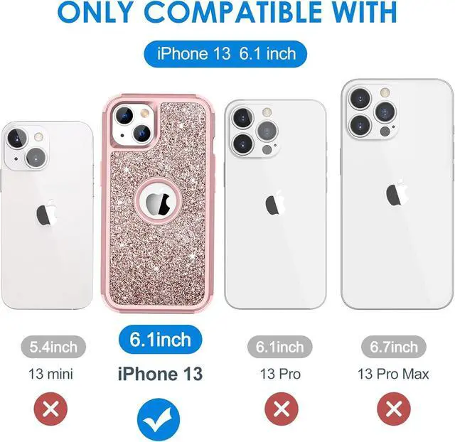 Alt view image 7 of 7 - Case for iPhone 13 Case Glitter, Cute Sparkly Shiny Bling Sparkle Cover, Heavy Duty 3 in 1 Hybrid Hard PC Soft TPU Bumper Full Body Shockproof Protective Phone Cases for Women Girls, Rose Gold