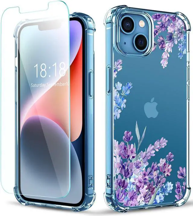 Main image of Flower Designed for iPhone 13 Case[with Screen Protector], Floral Clear Women Phone Case Shockproof Protective Soft TPU Bumper Cover 6.1 Inch 2021 (Lavender/Purple)