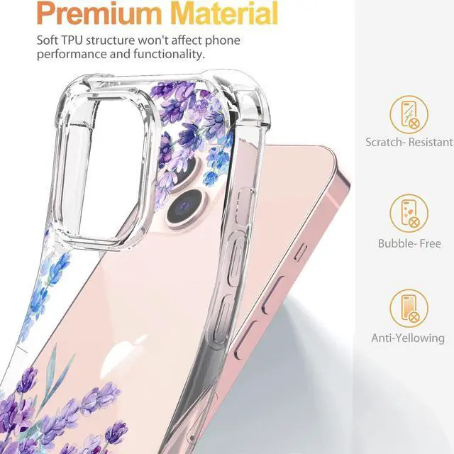 Alt view image 6 of 7 - Flower Designed for iPhone 13 Case[with Screen Protector], Floral Clear Women Phone Case Shockproof Protective Soft TPU Bumper Cover 6.1 Inch 2021 (Lavender/Purple)