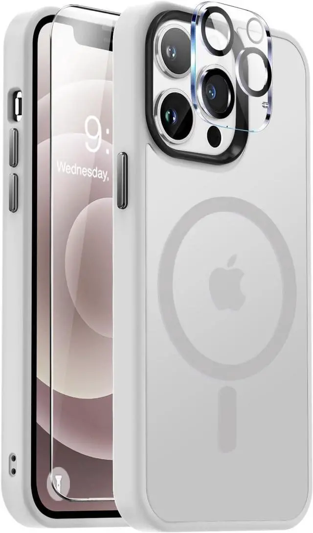 Main image of Magnetic for iPhone 12 Pro Max Case [Compatible with Magsafe] [Screen Protector+Camera Lens Protector] Aluminum Alloy Keys Slim Translucent Matte Phone Case iPhone 12 Pro Max - Frosted White