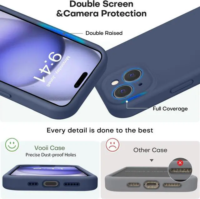 Alt view image 3 of 7 - Vooii Compatible with iPhone 15 Case, Upgrade Defender Liquid Silicone, [Enhanced Camera Protection] [Soft Anti-Scratch Microfiber Lining] Shockproof Phone Case for iPhone 15 6.1 inch - Navy Blue