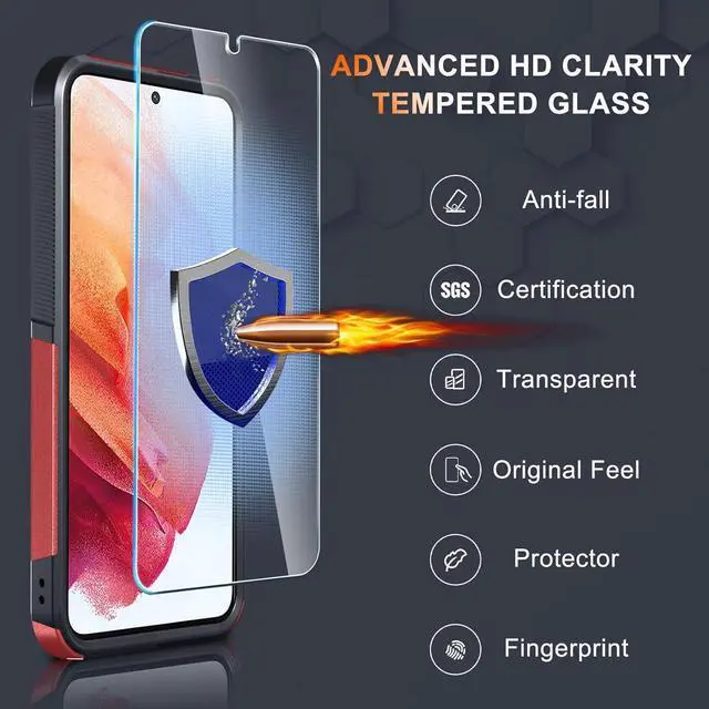 Alt view image 5 of 7 - for Samsung Galaxy S21 Case, Full Body Heavy Duty Rugged Shockproof Protective Phone Cover with Lanyard Strap, Tempered Glass Screen Protector and Camera Lens Cover, Red
