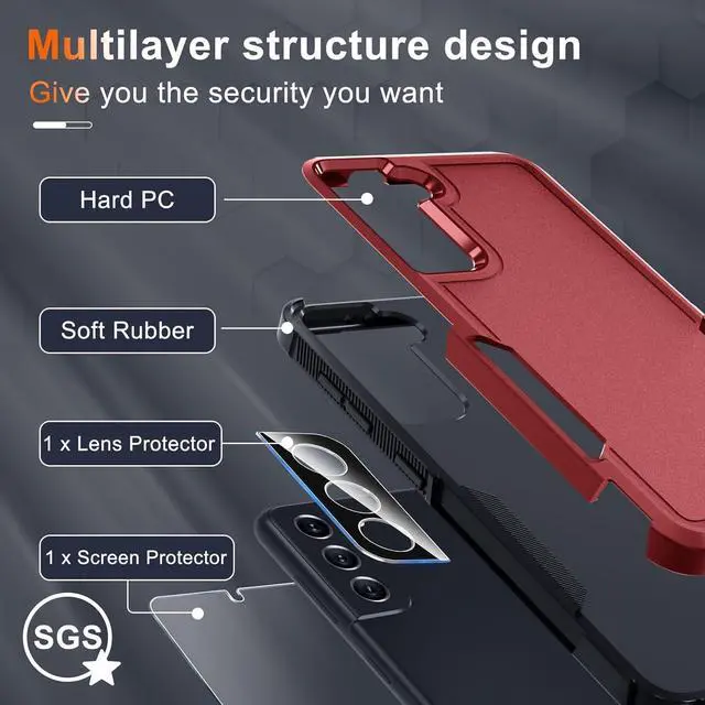 Alt view image 4 of 7 - for Samsung Galaxy S21 Case, Full Body Heavy Duty Rugged Shockproof Protective Phone Cover with Lanyard Strap, Tempered Glass Screen Protector and Camera Lens Cover, Red