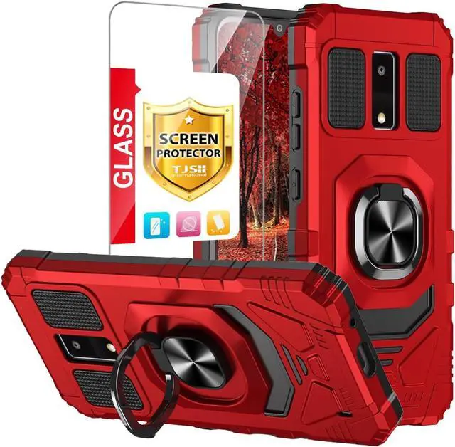 Main image of TJS Compatible for BLU View 4 (B135DL) Case, with Tempered Glass Screen Protector, Metal Ring Magnetic Support Kickstand Heavy Duty Drop Protection Cover Phone Case (Red)