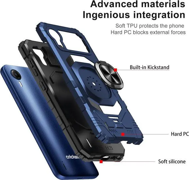 Alt view image 3 of 7 - for Cricket Debut S2 Case, Att Calypso 4 Case with Tempered Glass Screen Protector,Ring Kickstand,Military Grade Heavy Duty Shockproof Protective Debut S2 Cover (Navy)