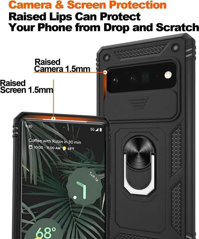 Alt view image 4 of 7 - for Google Pixel 6 Pro Case with Slide Camera Cover & Screen Protector (2 PCS), Pixel 6 Pro Case Build in 360° Rotating Ring Kickstand, Military Grade Protective Case for Google 6 Pro Case, Black