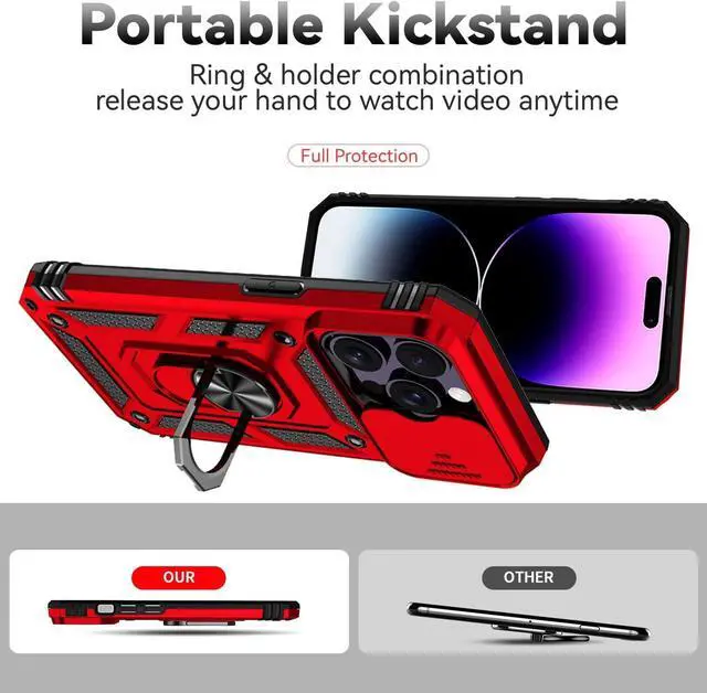 Alt view image 4 of 7 - SunStory Compatible with iPhone 14 Pro Max Case with HD Screen Protector & Slide Camera Cover & Rotated Ring Kickstand, [Military-Grade] Phone Case for iPhone 14 Pro Max (Red)