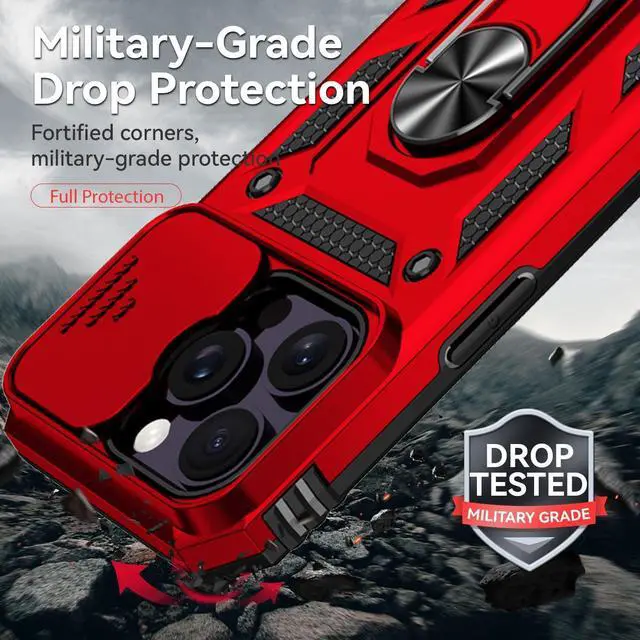 Alt view image 6 of 7 - SunStory Compatible with iPhone 14 Pro Max Case with HD Screen Protector & Slide Camera Cover & Rotated Ring Kickstand, [Military-Grade] Phone Case for iPhone 14 Pro Max (Red)