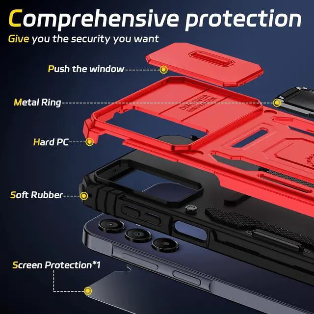 Alt view image 4 of 6 - for Samsung Galaxy A15-5G Phone Case with Tempered Glass Screen Protector+Slide Camera Cover, with Magnetic Kickstand Galaxy A15 5G Case, Samsung Galaxy A15 5G Case (Big Red)