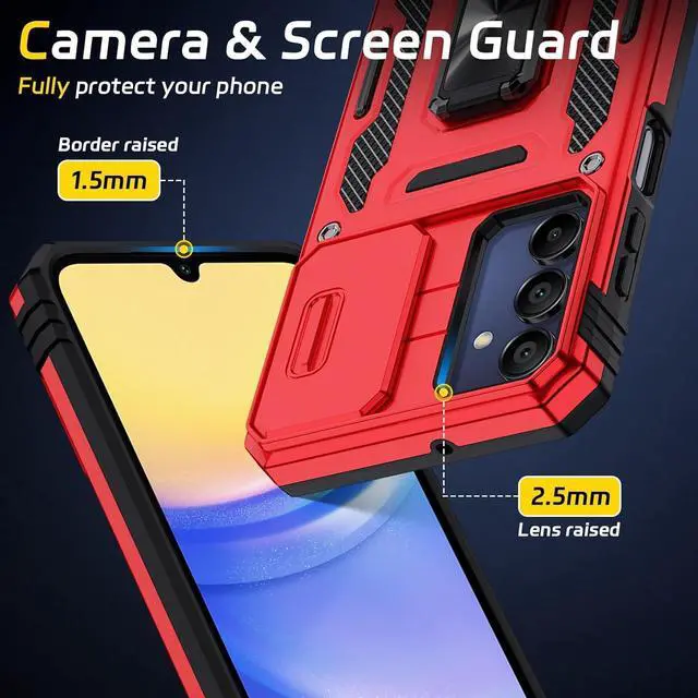 Alt view image 6 of 6 - for Samsung Galaxy A15-5G Phone Case with Tempered Glass Screen Protector+Slide Camera Cover, with Magnetic Kickstand Galaxy A15 5G Case, Samsung Galaxy A15 5G Case (Big Red)