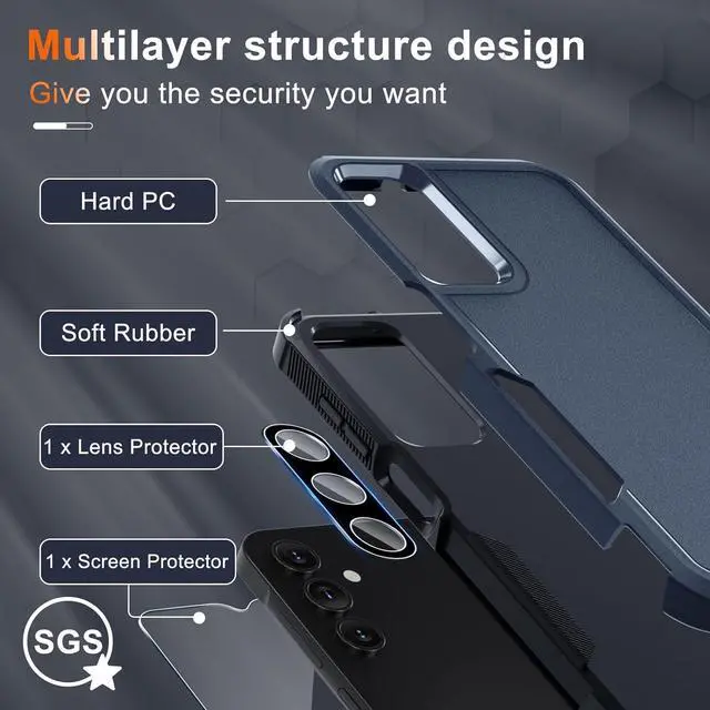 Alt view image 3 of 7 - RMOCR Case for Samsung Galaxy A15 5G, Full Body Heavy Duty Rugged Shockproof Protective Phone Cover with Lanyard Strap, Tempered Glass Screen Protector and Camera Lens Cover, Navy Blue