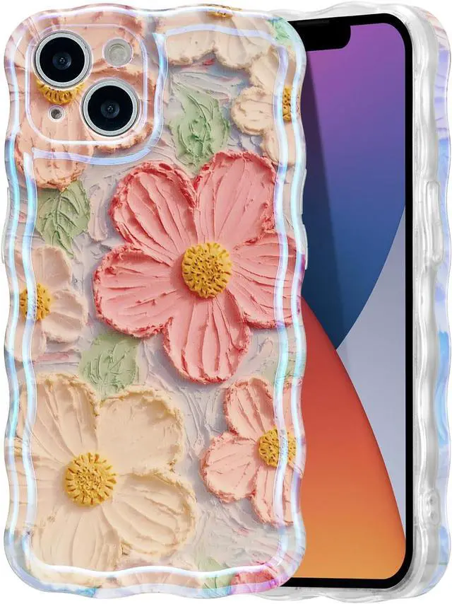 Alt view image 2 of 7 - Case for iPhone 14 6.1 inch, Colorful Retro Oil Painting Flower Case Pretty Glossy Pattern Wave Case Cute Sparkly Floral Curly Cover Stylish Soft Case for Women and Girl - Orange Yellow