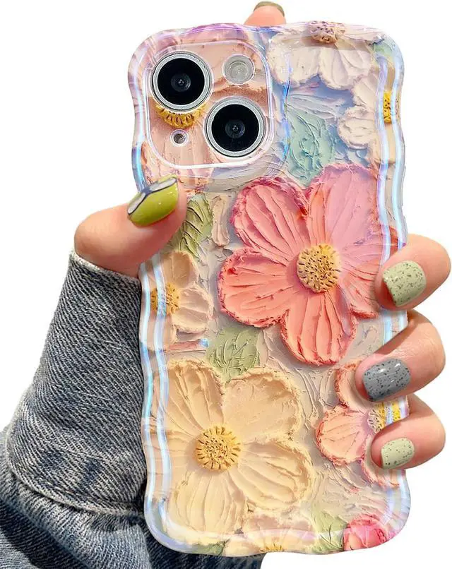 Main image of Case for iPhone 14 6.1 inch, Colorful Retro Oil Painting Flower Case Pretty Glossy Pattern Wave Case Cute Sparkly Floral Curly Cover Stylish Soft Case for Women and Girl - Orange Yellow
