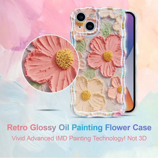 Alt view image 3 of 7 - Case for iPhone 14 6.1 inch, Colorful Retro Oil Painting Flower Case Pretty Glossy Pattern Wave Case Cute Sparkly Floral Curly Cover Stylish Soft Case for Women and Girl - Orange Yellow