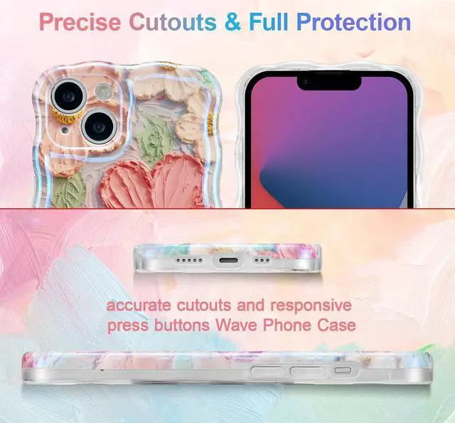 Alt view image 4 of 7 - Case for iPhone 14 6.1 inch, Colorful Retro Oil Painting Flower Case Pretty Glossy Pattern Wave Case Cute Sparkly Floral Curly Cover Stylish Soft Case for Women and Girl - Orange Yellow