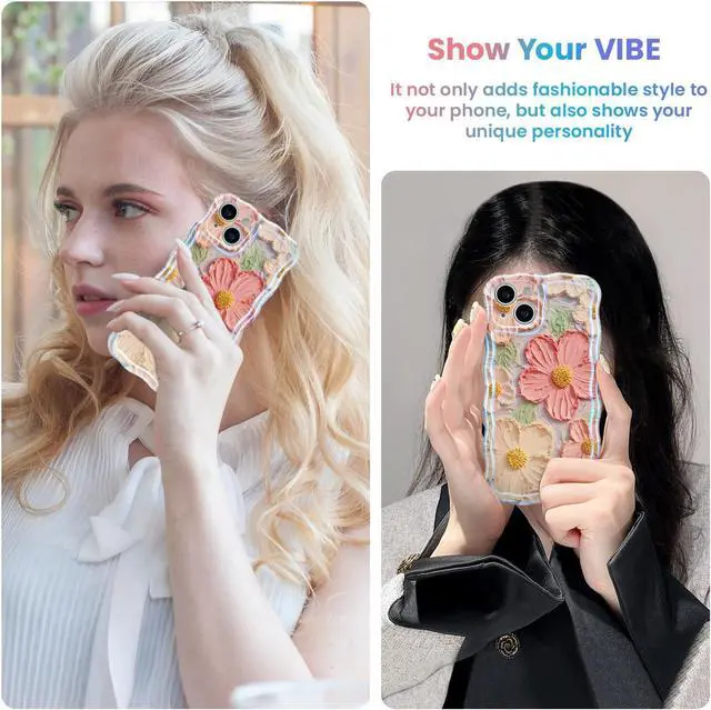 Alt view image 6 of 7 - Case for iPhone 14 6.1 inch, Colorful Retro Oil Painting Flower Case Pretty Glossy Pattern Wave Case Cute Sparkly Floral Curly Cover Stylish Soft Case for Women and Girl - Orange Yellow