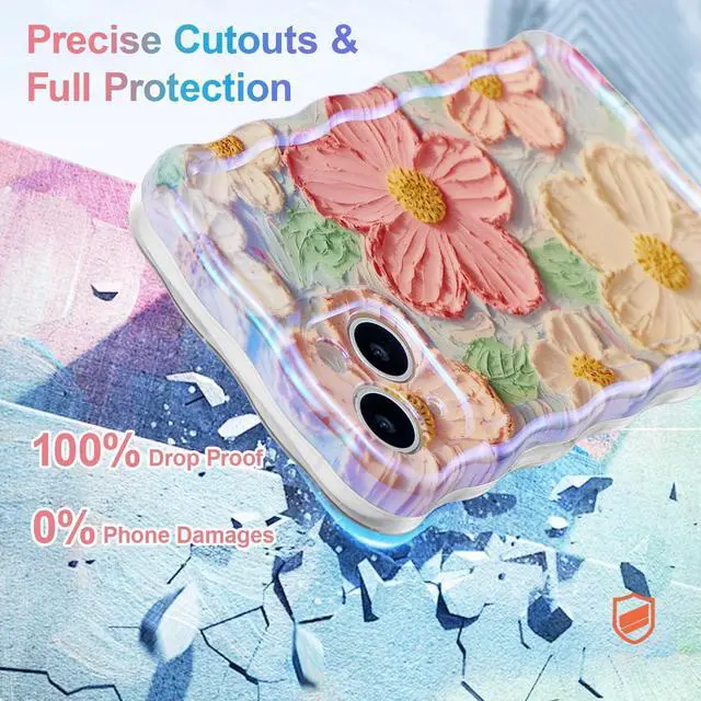 Alt view image 5 of 7 - Case for iPhone 14 6.1 inch, Colorful Retro Oil Painting Flower Case Pretty Glossy Pattern Wave Case Cute Sparkly Floral Curly Cover Stylish Soft Case for Women and Girl - Orange Yellow